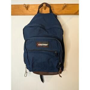 Vintage Eastpak Backpack Navy Brown Leather Gorpcore USA Made Hiking Classic